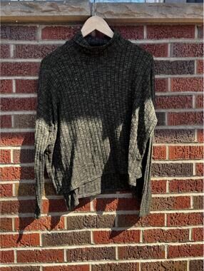 American Eagle Heathered Olive Green Ribbed High Neck Long Sleeve Top